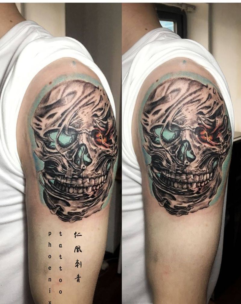 骷髅写实纹身图片_成品手臂写实欧美原创人物纹身图案