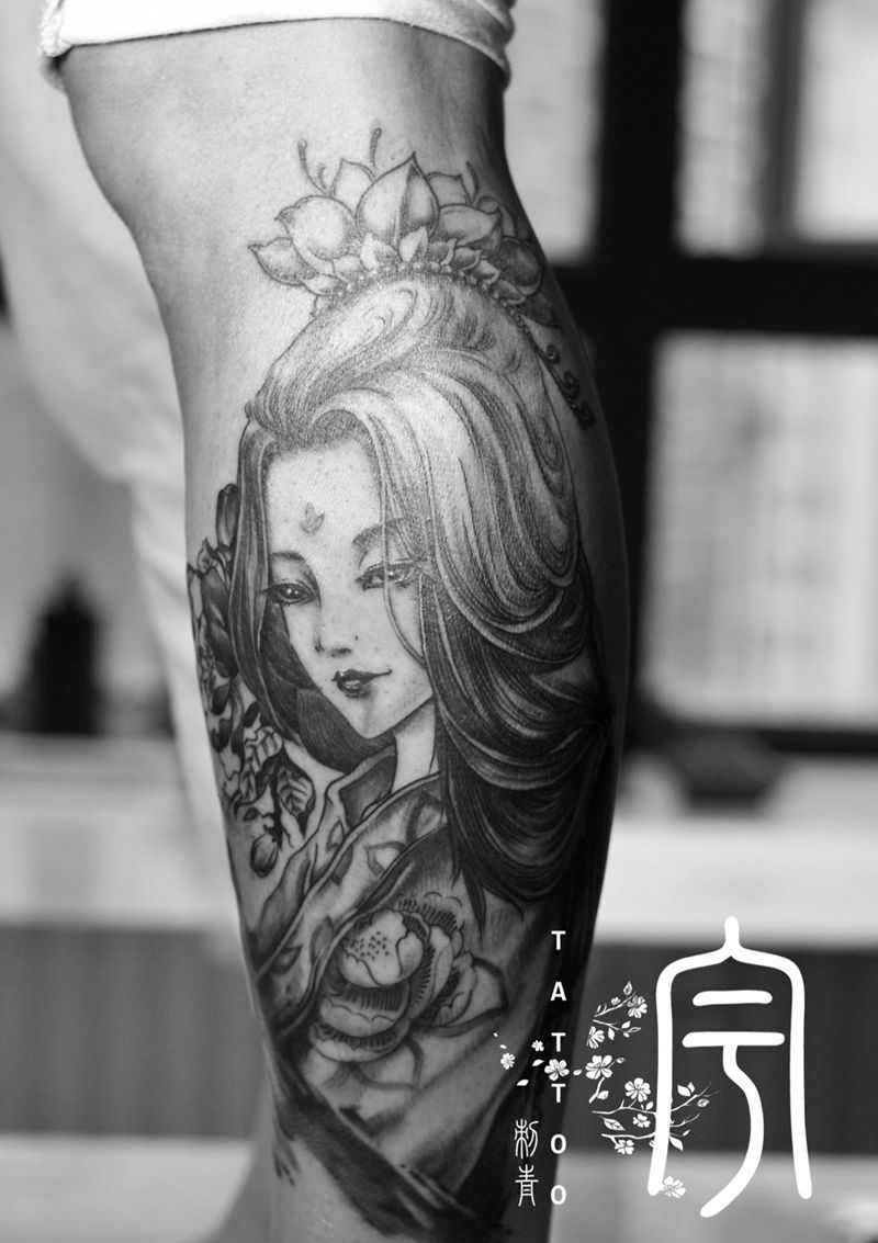 古典美女原创纹身图片_成品脚部肖像写实传统原创人物纹身图案