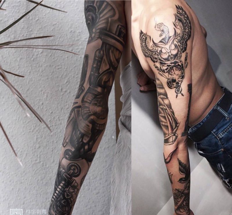 old school花臂改机械纹身图片_成品手臂写实原创纹身图案