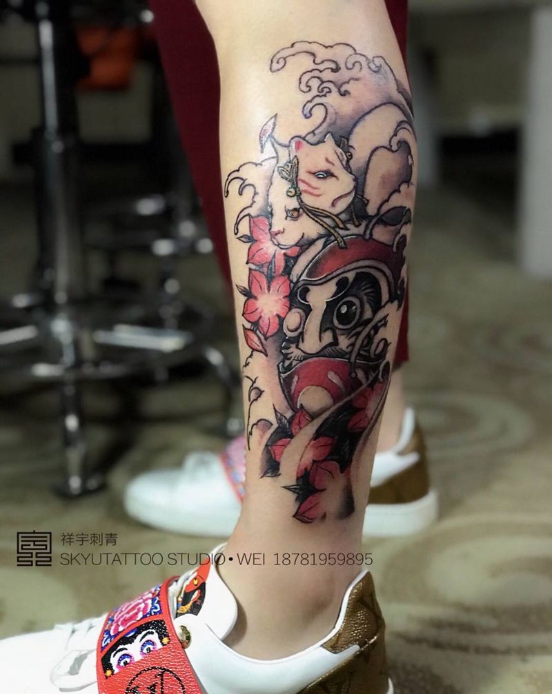 达摩蛋&面具猫纹身图片_成品脚部传统原创动物纹身图案