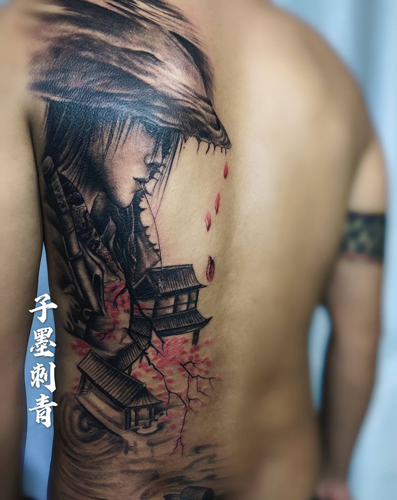 寒江孤影纹身图片_腰部背部欧美写实新传统纹身图案