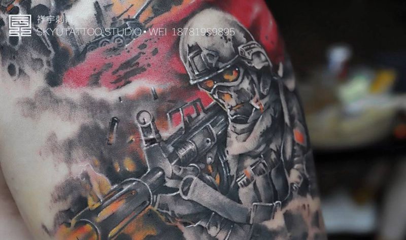 红色战魂纹身图片_成品手臂写实原创人物纹身图案