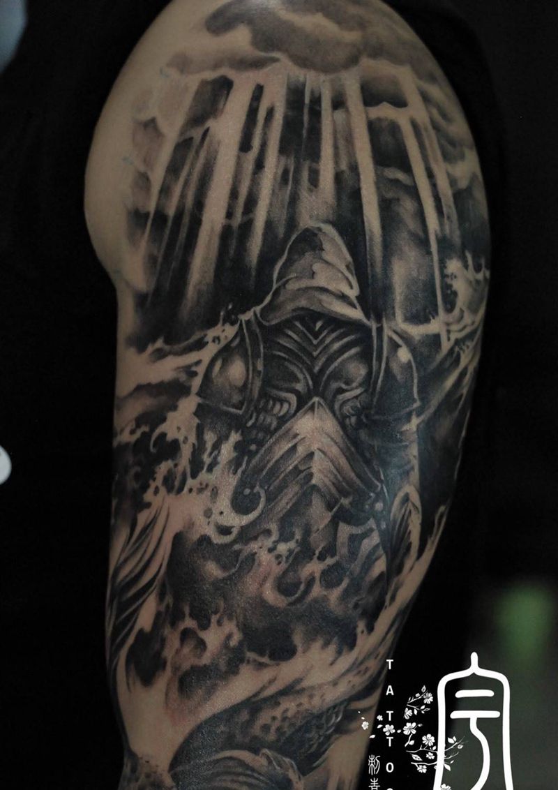 原创黑灰写实纹身图片_成品手臂欧美写实原创人物动物纹身图案