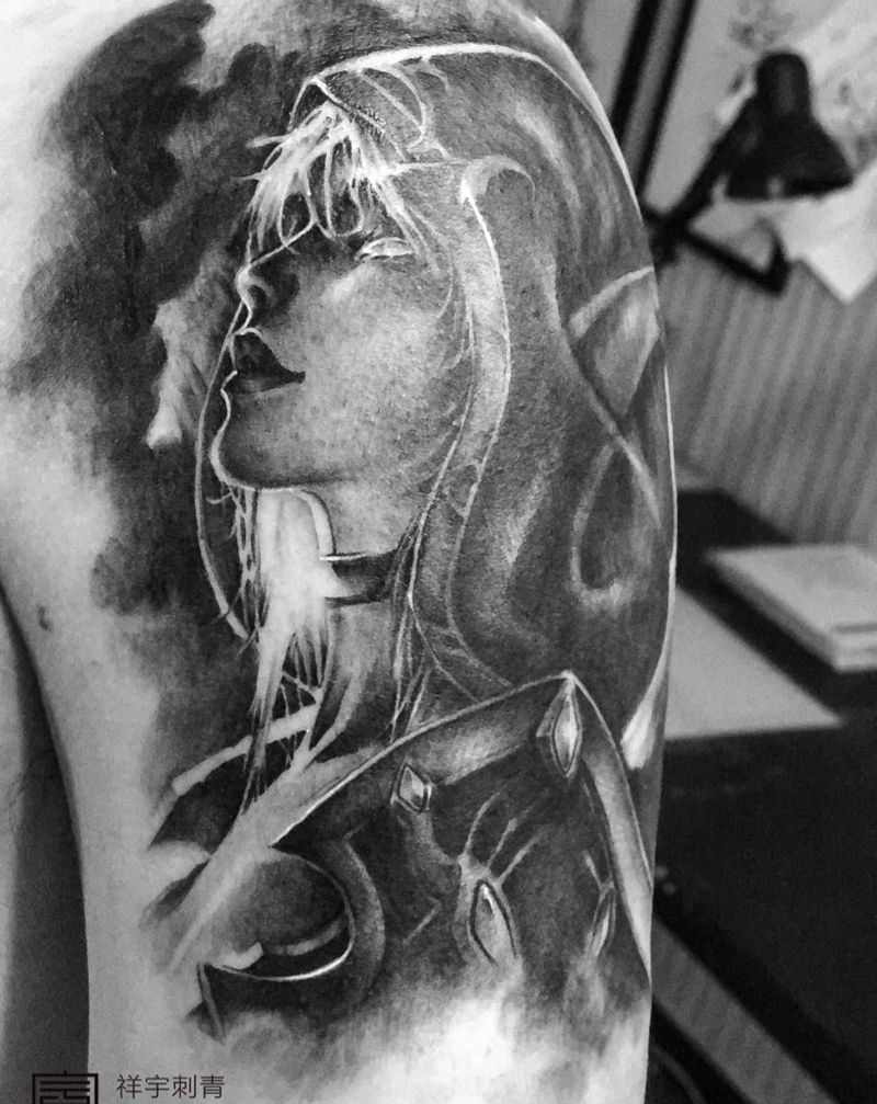 暗夜精灵纹身图片_成品手臂欧美写实人物纹身图案