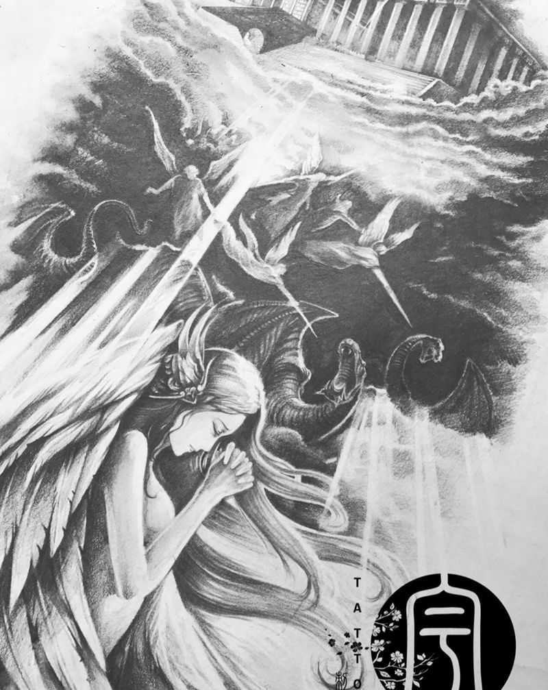 花臂定制手稿，西方神话纹身图片_手稿手臂欧美写实原创鬼神人物纹身图案