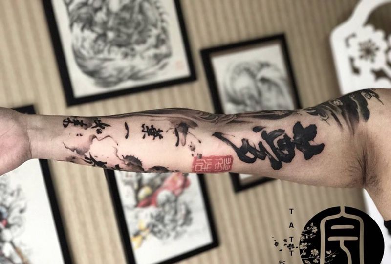 花臂纹身图片_成品手臂传统人物字符纹身图案