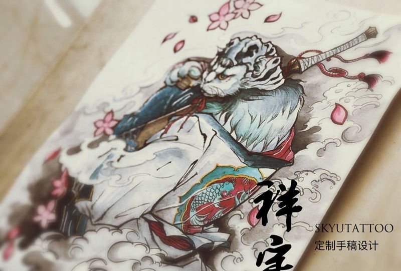 小腿定制手稿纹身图片_手稿脚部传统原创动物纹身图案