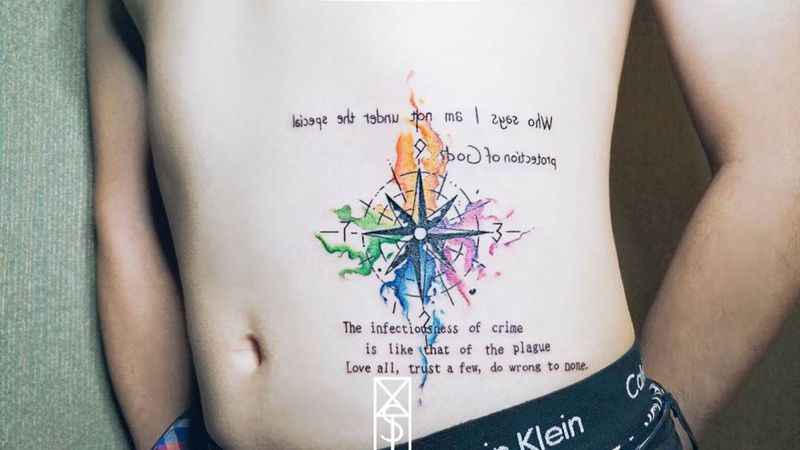 指南针 客人自带纹身图片_成品腹部欧美清新几何字符纹身图案