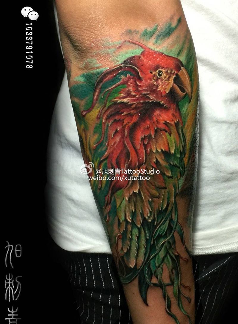 写实鹦鹉纹身图片_成品手臂写实纹身图案