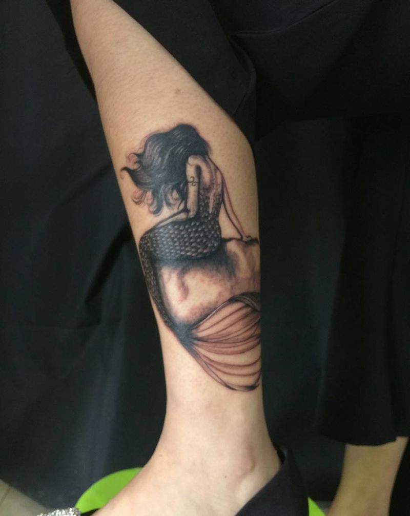 美人鱼纹身图片_成品腿部肖像人物纹身图案