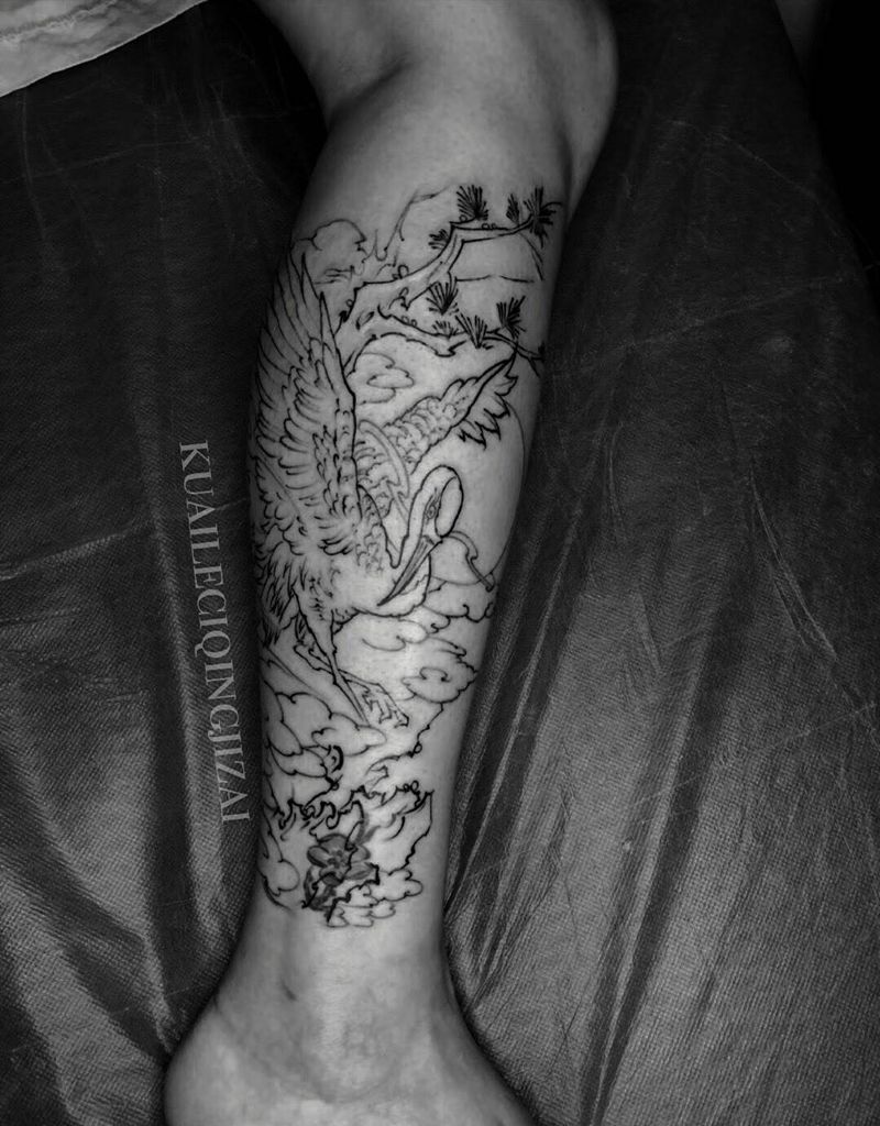 仙鹤纹身图片_脚部腿部新传统纹身图案