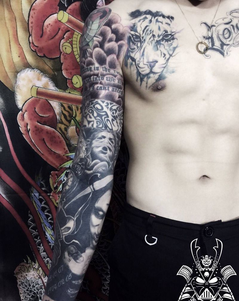 欧美花臂纹身图片_成品手臂欧美鬼神纹身图案