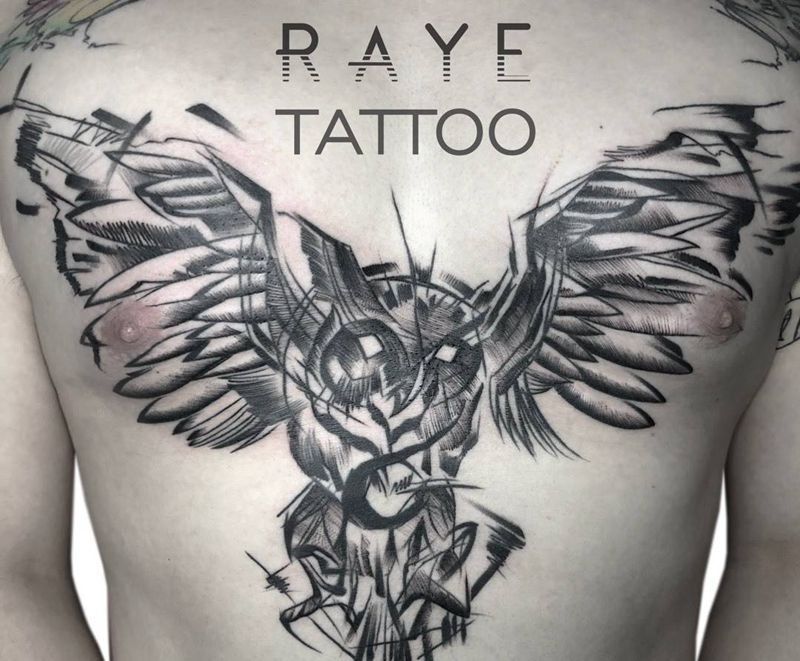 猫头鹰纹身图片_成品胸部欧美清新动物线条纹身图案