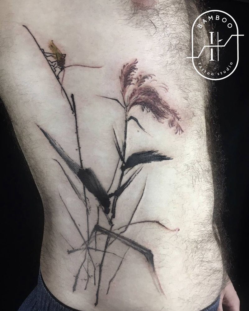 水墨芦苇纹身图片_成品腰部国画传统原创植物静物纹身图案