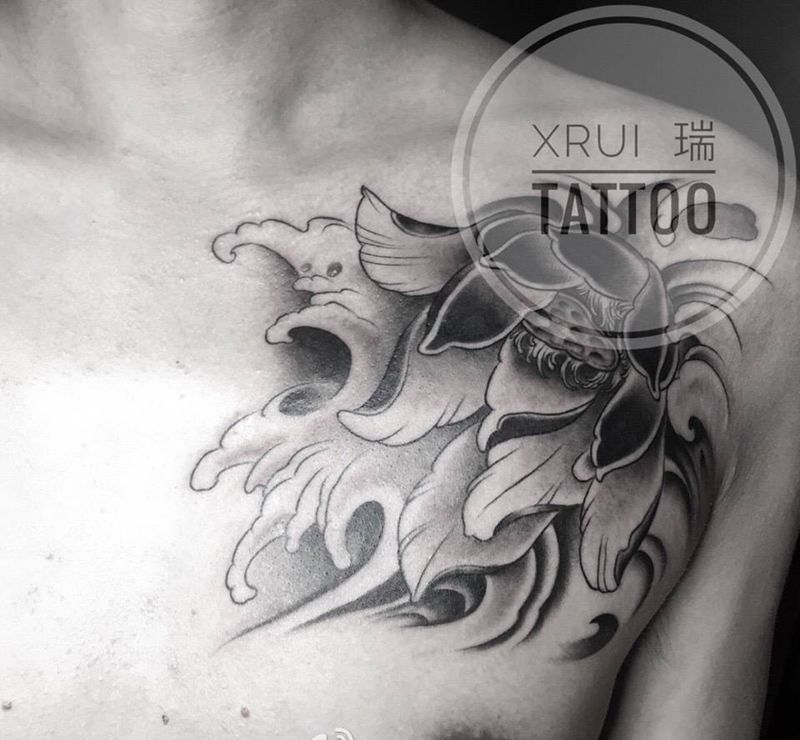 莲纹身图片_成品胸部传统清新国画植物纹身图案