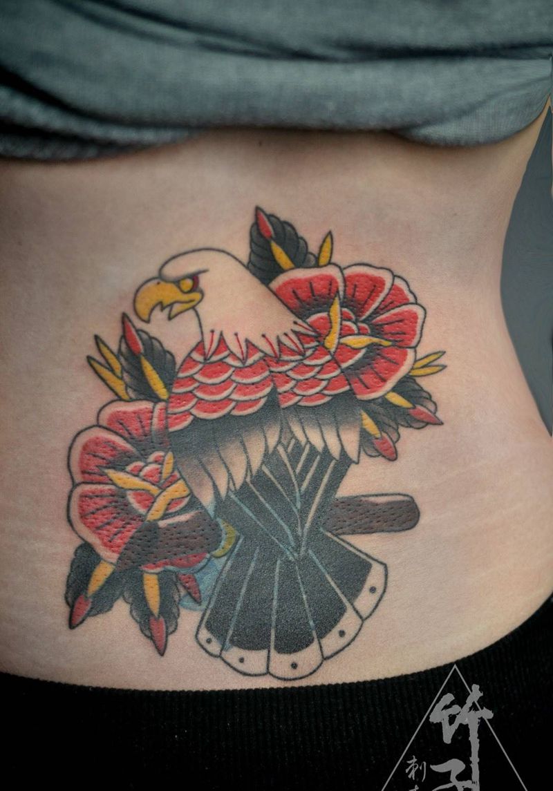 old school老鹰纹身图片_成品腰部背部欧美传统动物原创纹身图案