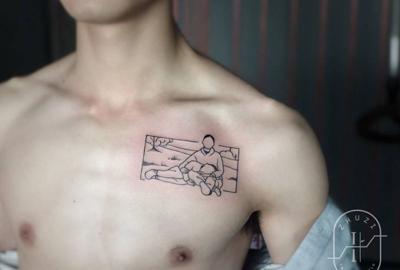 妈妈纹身图片_胸部几何老照片线条纹身图案