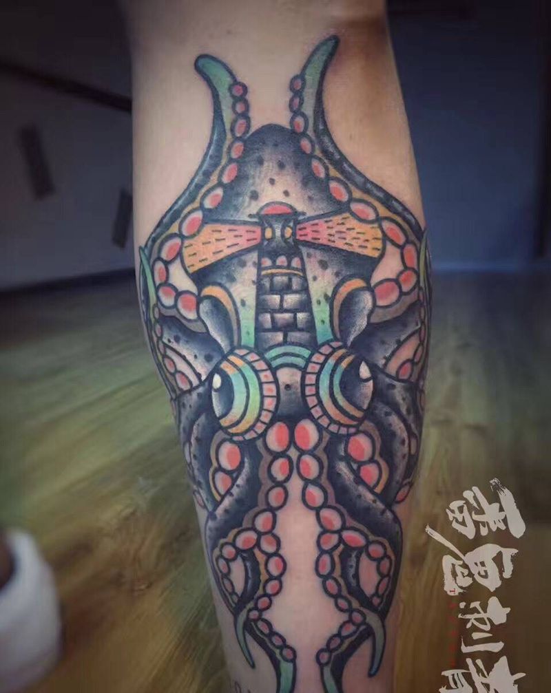 章鱼。鹿纹身图片_腿部纹身图案