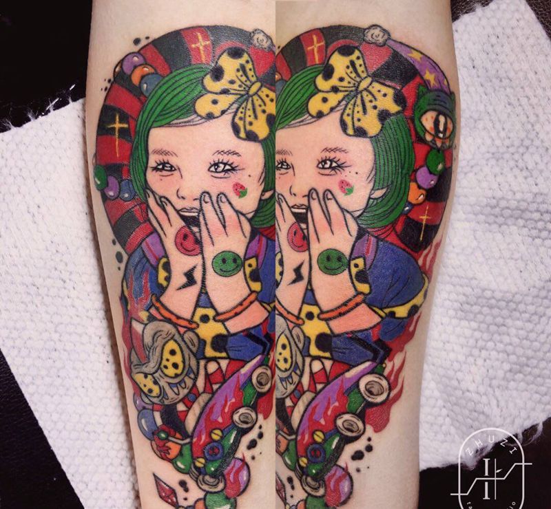 小孩卡通肖像纹身图片_手臂手部New School卡通纹身图案