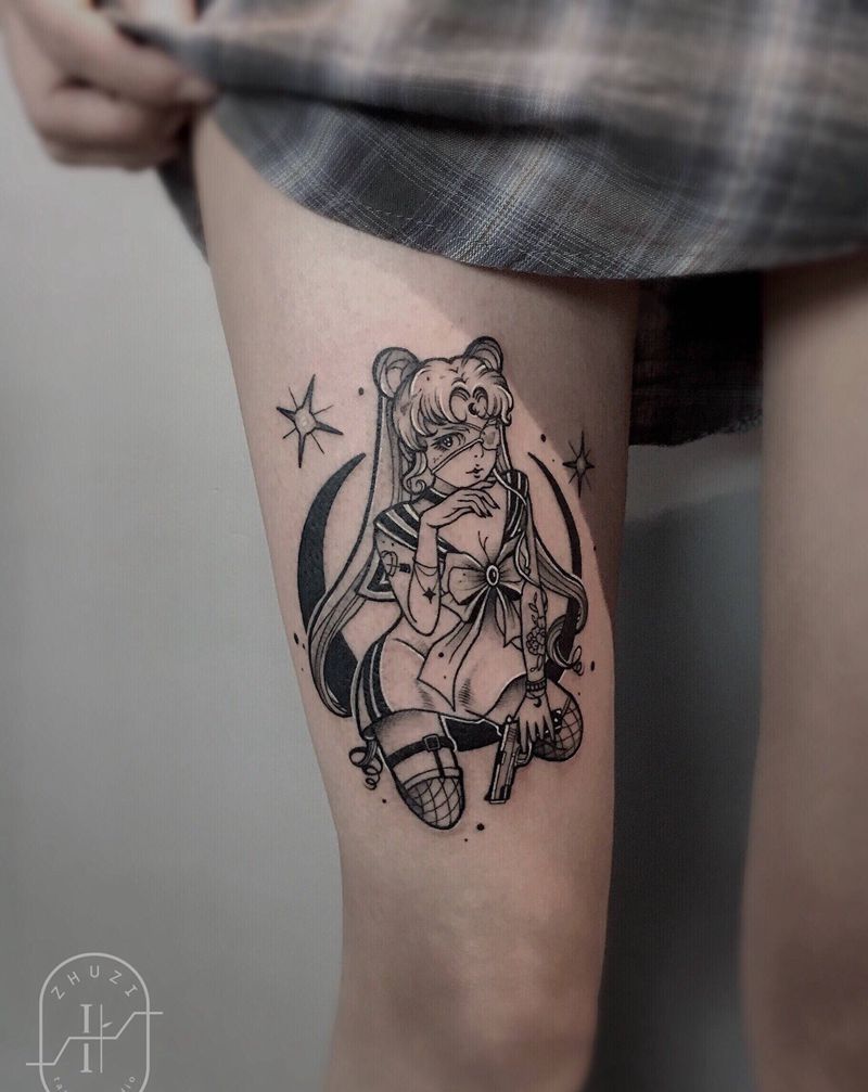 暗黑美少女纹身图片_腿部欧美写实纹身图案