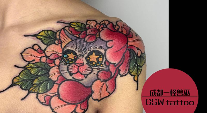 萌宠纹身图片_肩部New School纹身图案