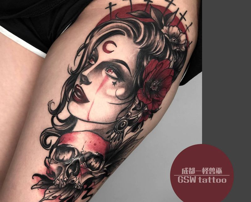 伤疤遮盖纹身图片_腿部New School纹身图案