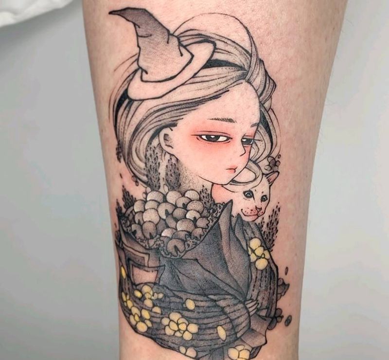 女孩和猫纹身图片_腿部纹身图案