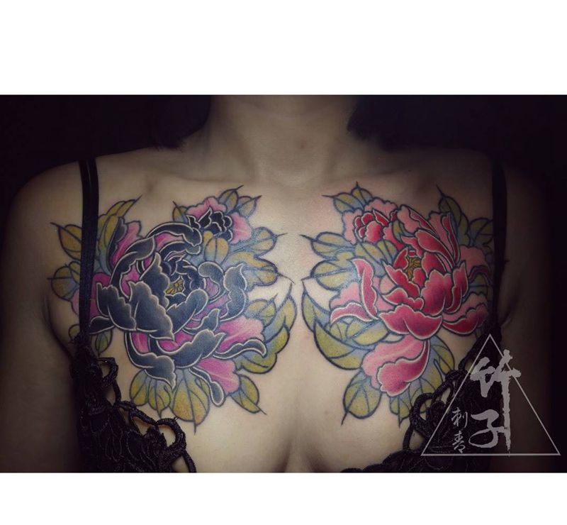 牡丹纹身图片_成品胸部国画传统静物植物改图原创纹身图案