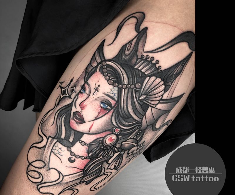 流泪人鱼纹身图片_腿部纹身图案