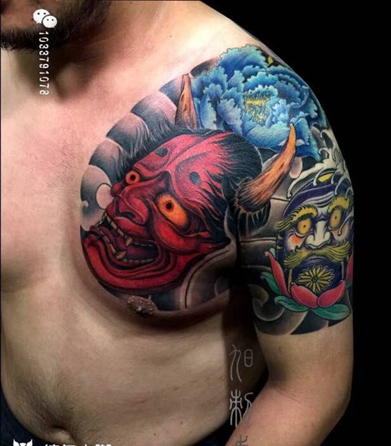 日式半甲纹身图片_成品胸部日式传统纹身图案