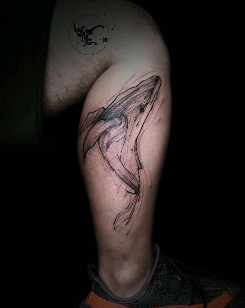 蓝鲸纹身图片_腿部点刺线条纹身图案