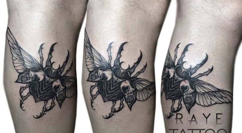 甲虫纹身图片_成品腿部欧美清新动物线条点刺纹身图案