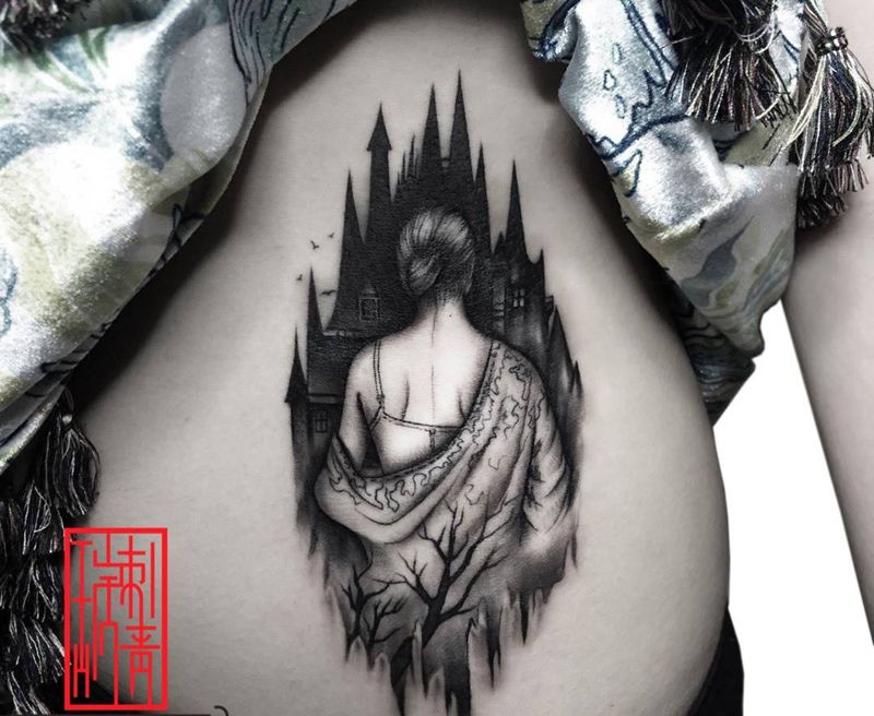 暗黑背影纹身图片_成品手稿腹部欧美清新人物原创纹身图案