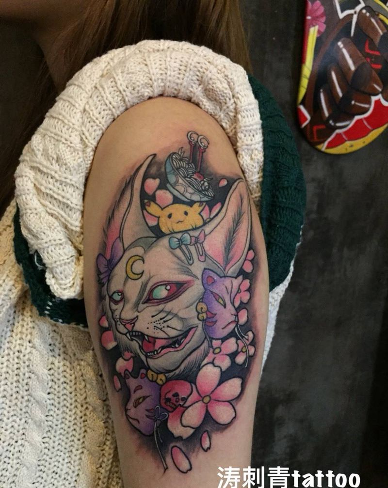 喵喵纹身图片_手臂New School纹身图案