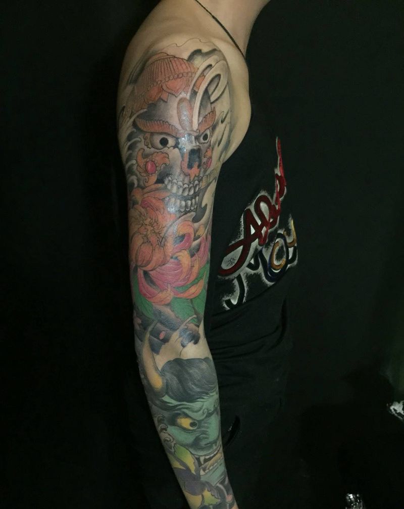 彩色花臂纹身图片_成品手臂传统刺青纹身图案