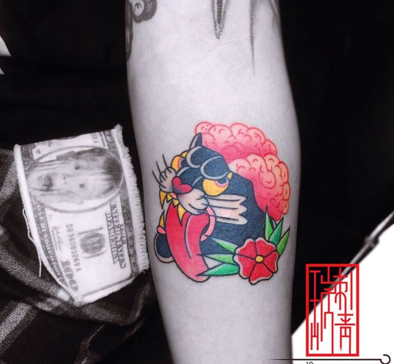 小黑豹纹身图片_成品手臂欧美清新动物纹身图案