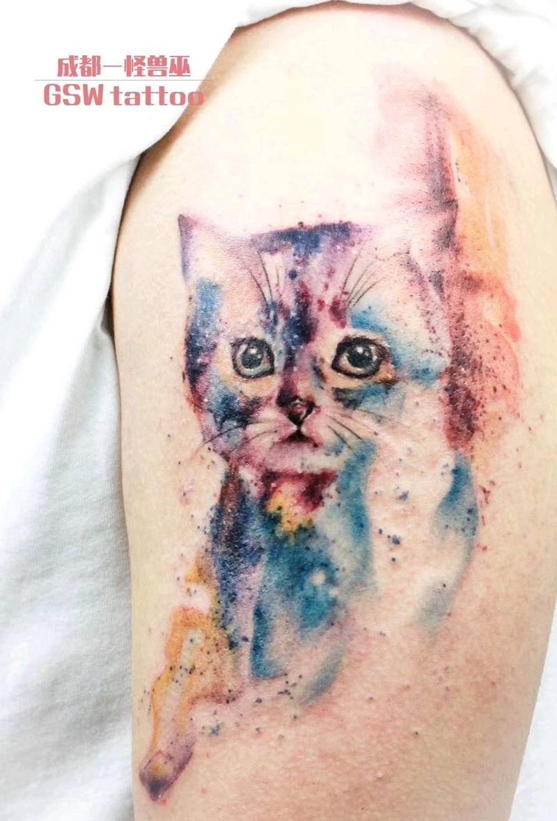 星空猫纹身图片_手臂清新贴纸动物成品纹身图案