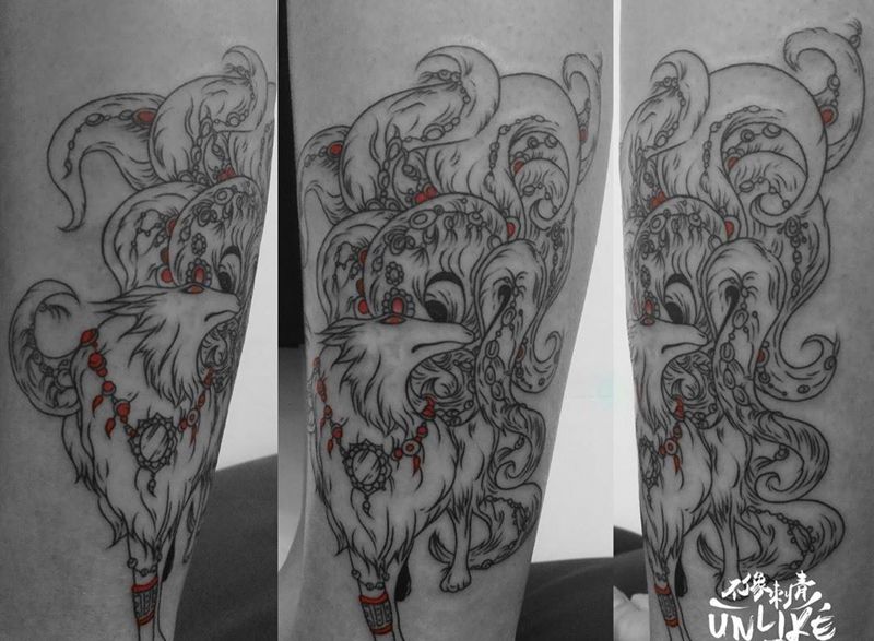 九尾狐纹身图片_成品腿部传统清新动物线条纹身图案