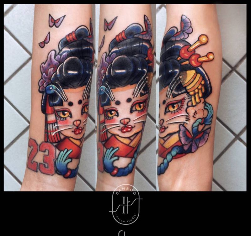 艺妓猫遮盖旧纹身纹身图片_成品手臂手部传统清新原创遮盖纹身图案