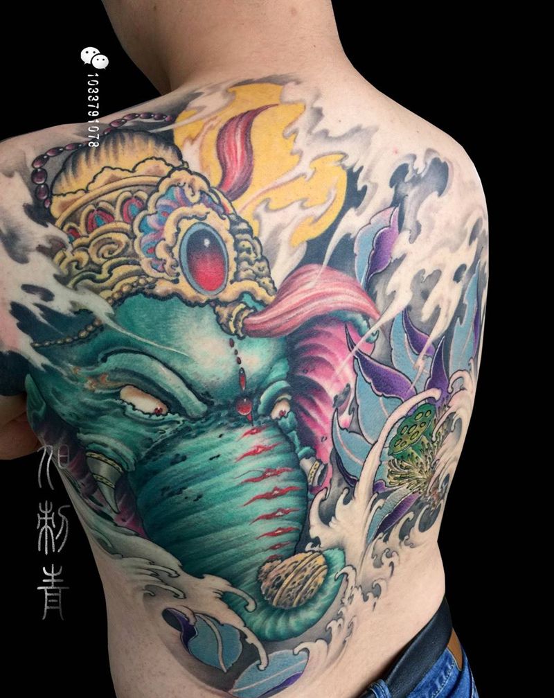 象神完成纹身图片_成品背部传统鬼神纹身图案