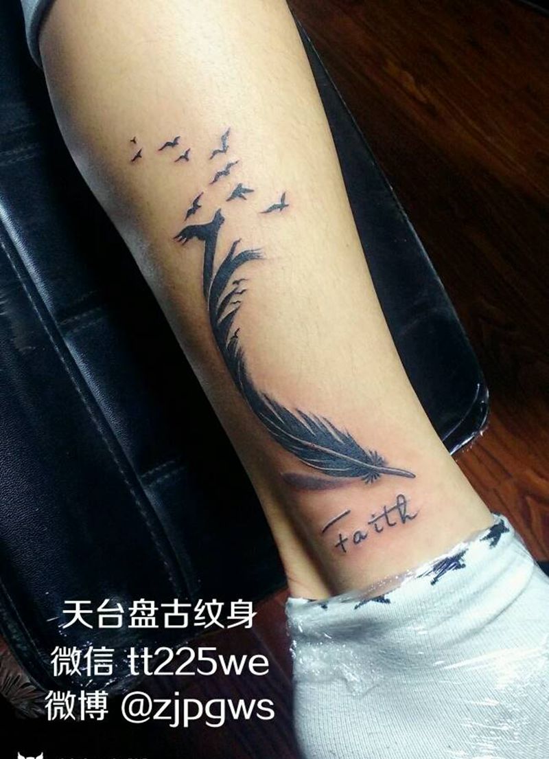 羽毛纹身图片_腿部脚部传统植物图腾成品纹身图案
