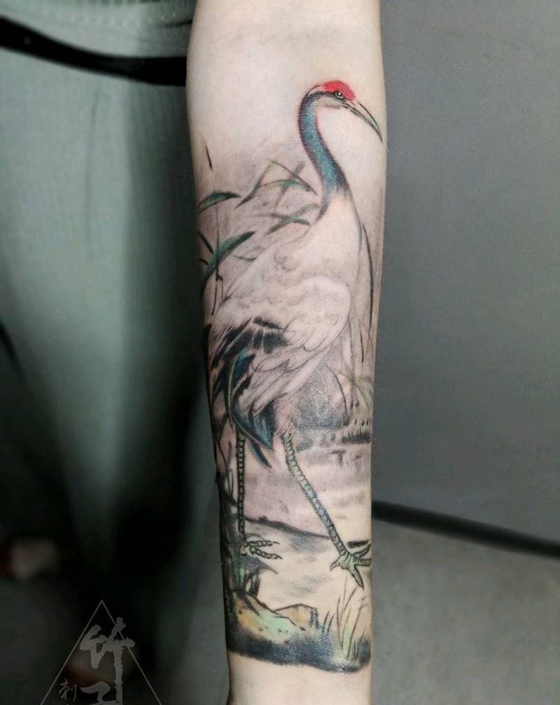 鹤纹身图片_手臂手部传统肖像国画动物植物静物原创成品纹身图案