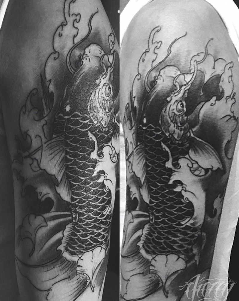 鲤鱼纹身图片_成品手臂传统动物纹身图案