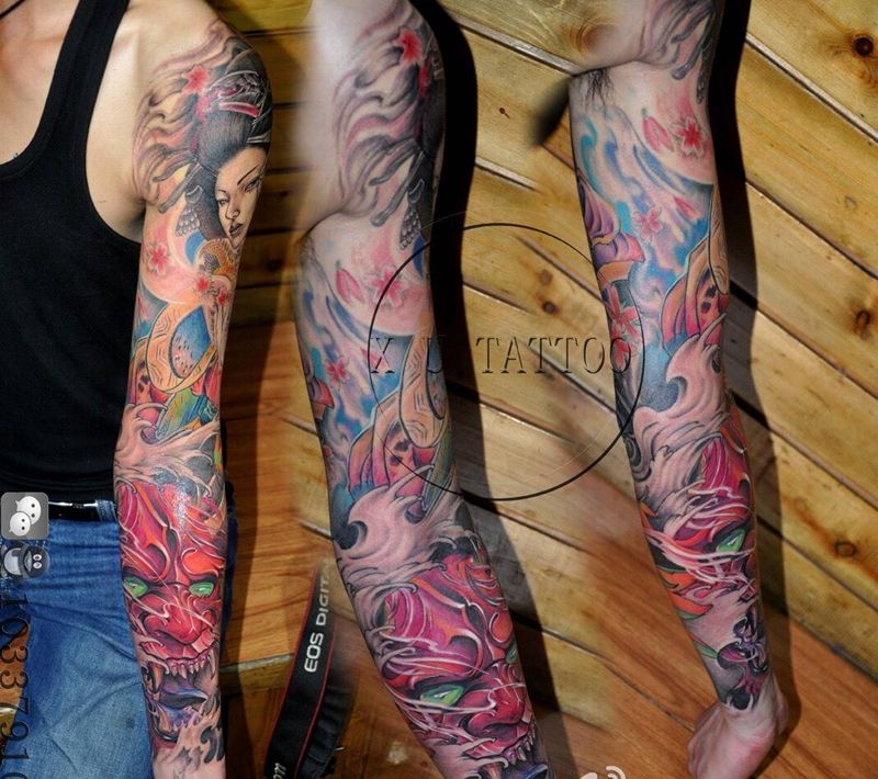 艺妓花臂纹身图片_成品手臂传统纹身图案