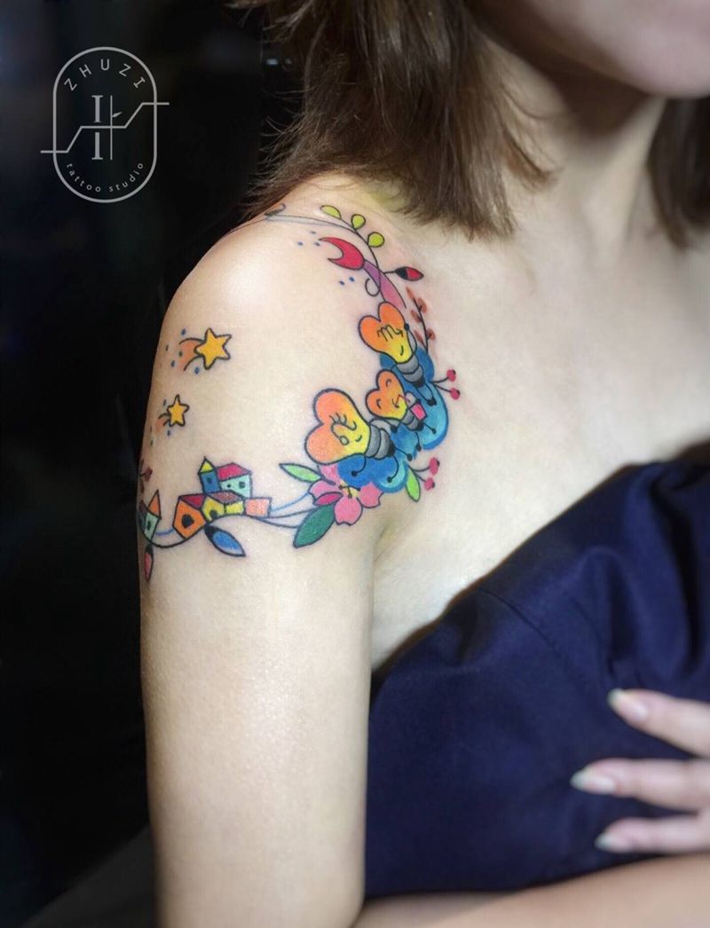 肩环纹身图片_肩部New School灯泡肩花纹身图案