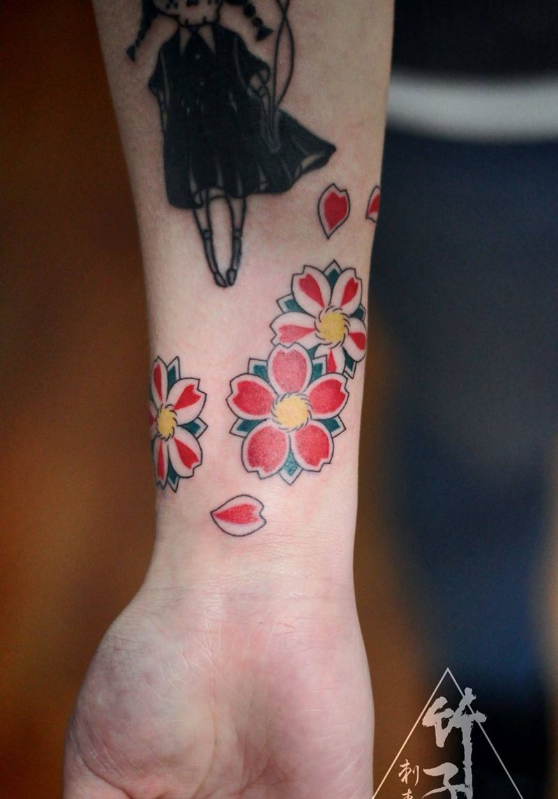 樱花纹身图片_成品手臂手部传统清新原创静物植物纹身图案