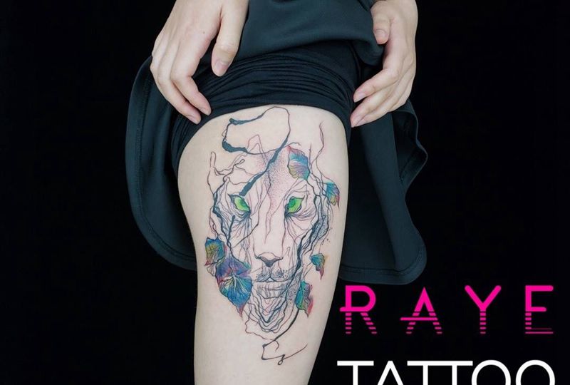 小狮子纹身图片_成品腿部欧美清新动物线条水彩纹身图案