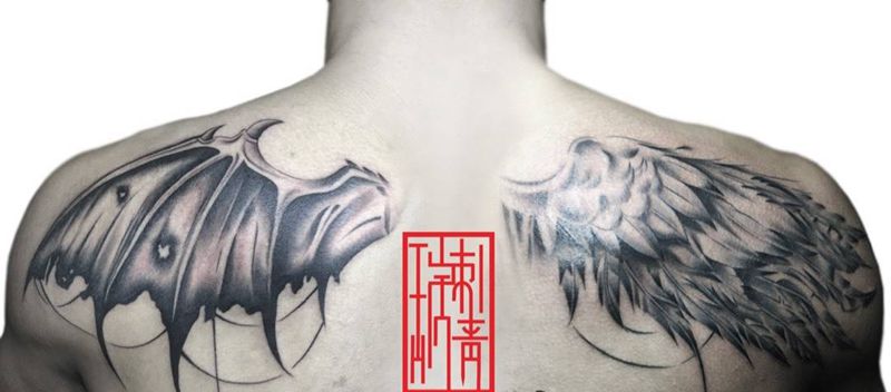 恶魔&天使纹身图片_手稿成品背部欧美清新动物静物纹身图案