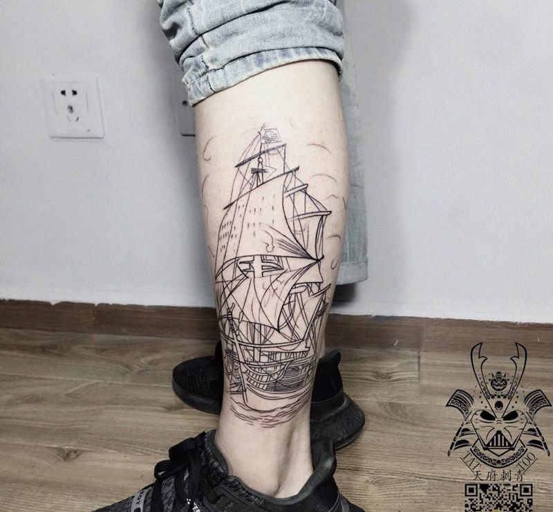 帆船⛵纹身图片_腿部欧美写实静物纹身图案