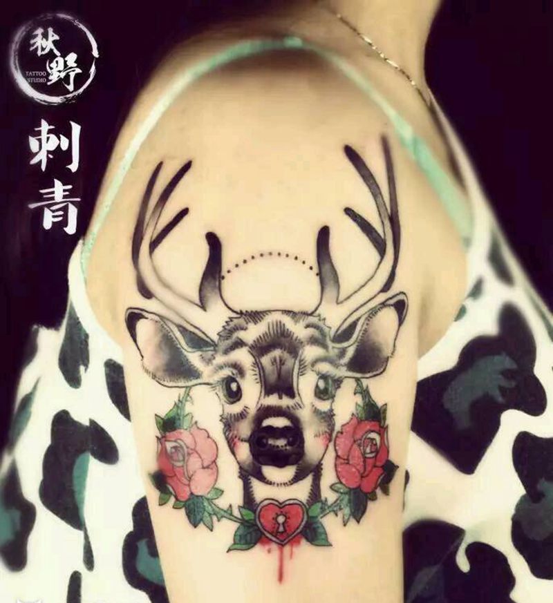 鹿纹身图片_手臂清新动物成品纹身图案